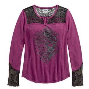 Harley-Davidson Women's Distressed Skull & Lace Henley Shirt, Magenta Sz L